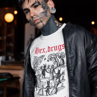 Tattooed man wearing white Hex Drugs and Mind Control T-Shirt