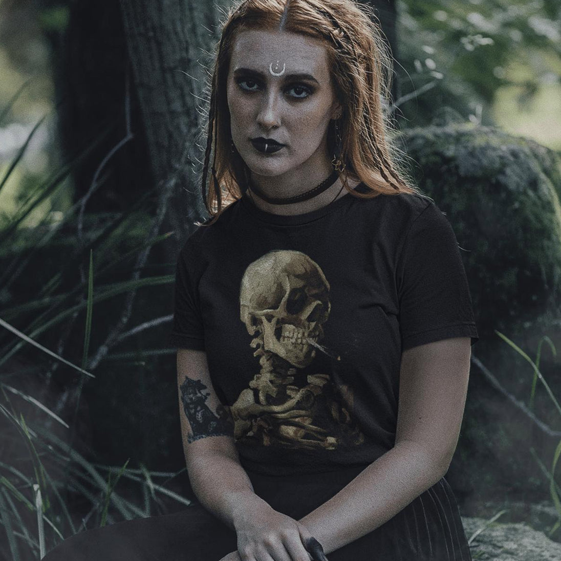 Woman wearing Smoking Skeleton T-Shirt