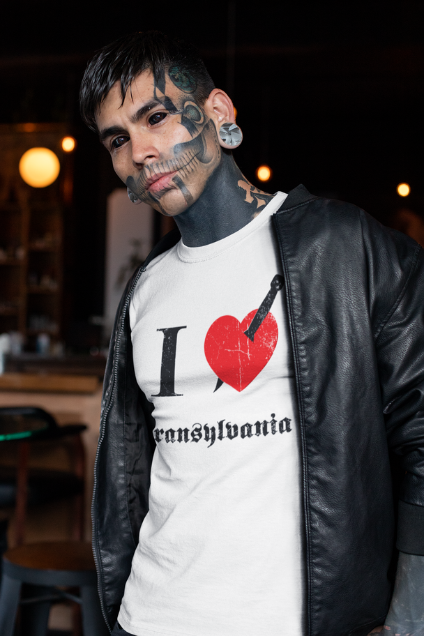 Tattooed man wearing I Love Transylvania T-Shirt