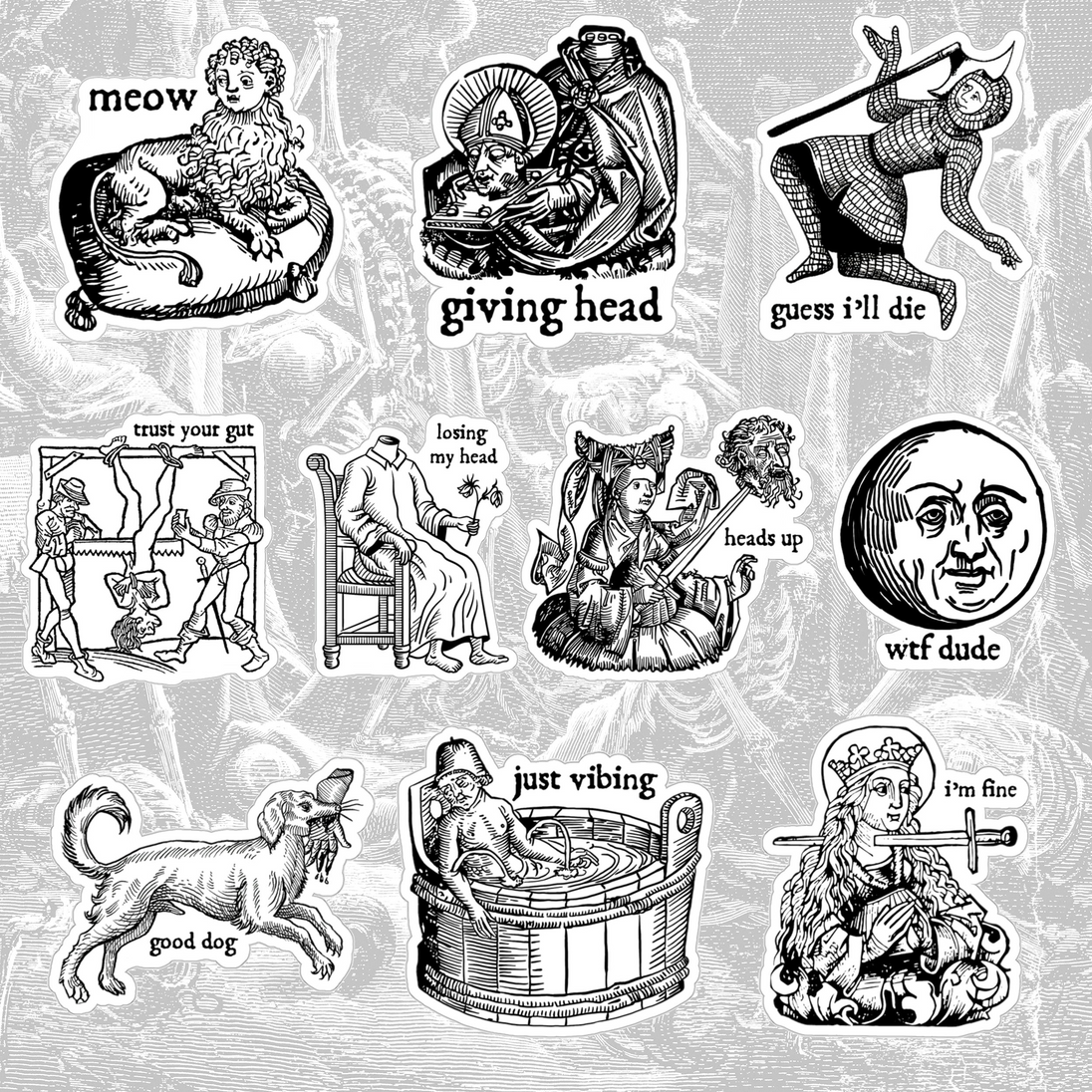 Sarcastic Middle Ages sticker pack, 10 vinyl stickers featuring medieval illustrations and humorous quotes, glossy finish