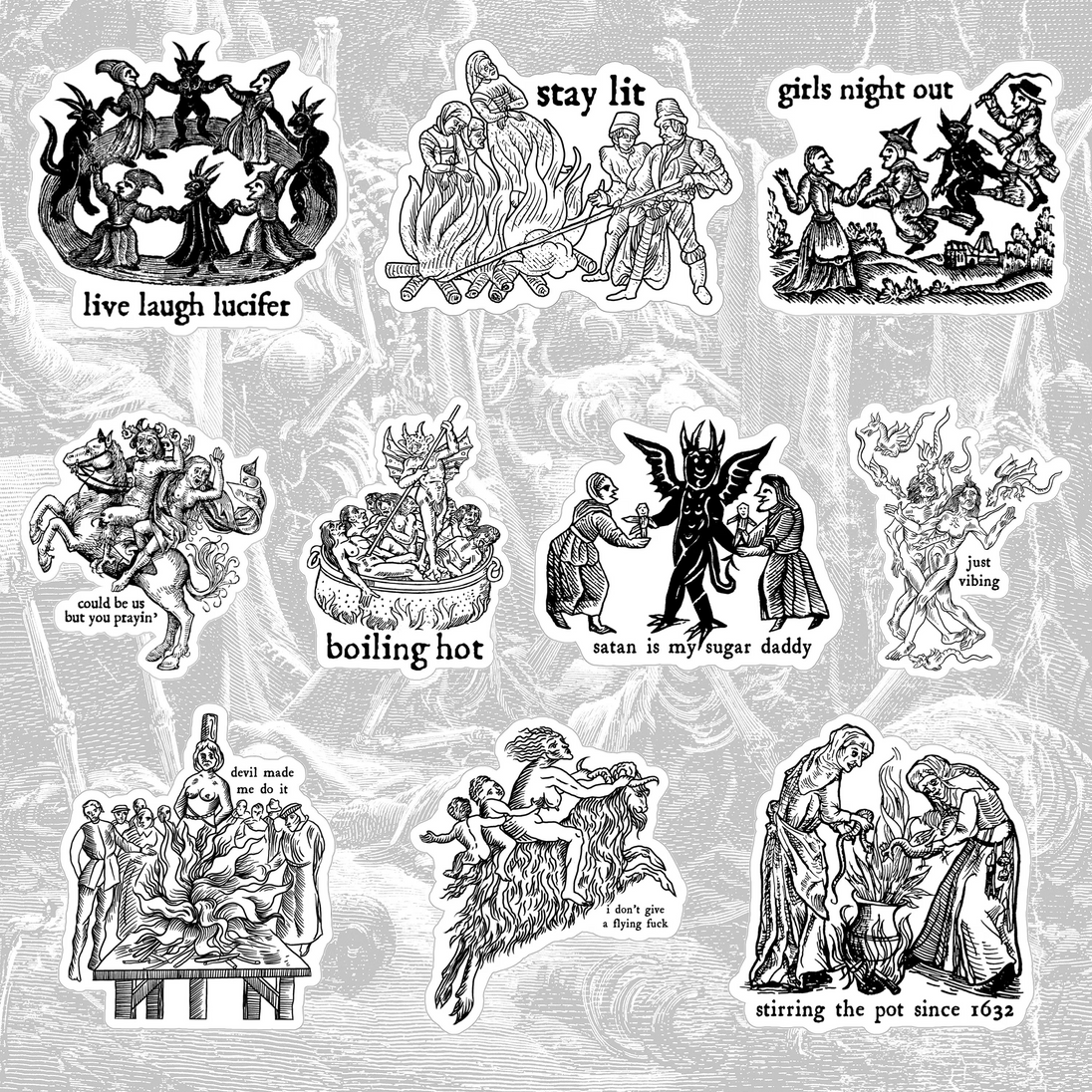 Sarcastic Witchcraft sticker pack, 10 vinyl stickers with medieval art and modern quotes, glossy finish