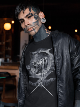 Tattooed man wearing a black The Ancient Of Days T-Shirt.