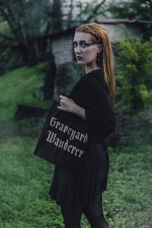 Graveyard Wanderer' tote bag, 100% cotton, 15" x 16", heavy fabric, gothic design