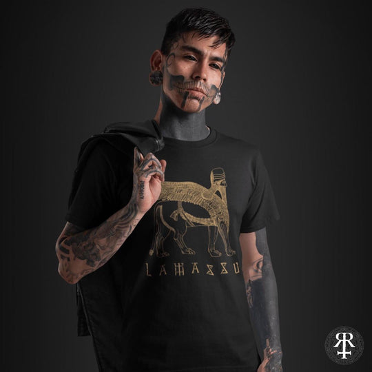 Man wearing a black t-shirt with 'LAMASSU' design against a dark background