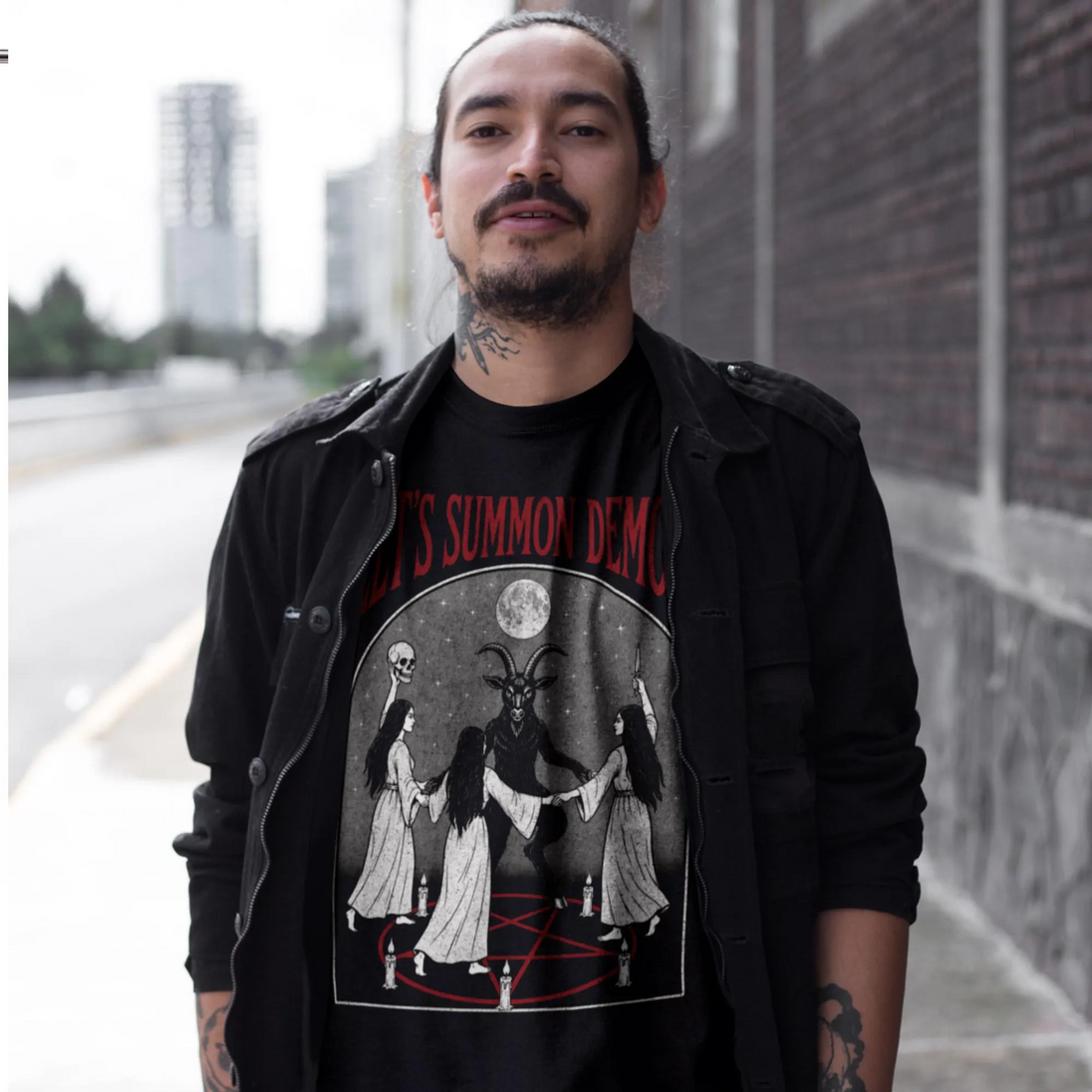 Man wearing a Let's Summon Demons T-Shirt