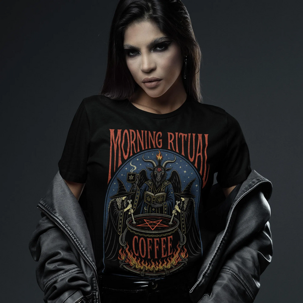 Woman wearing black Morning Ritual T-Shirt