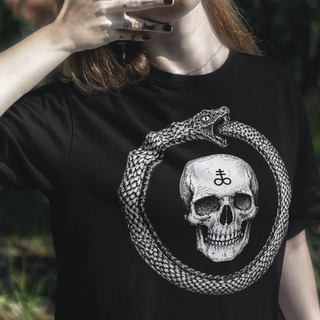 Woman wearing Ouroboros Skull T-Shirt