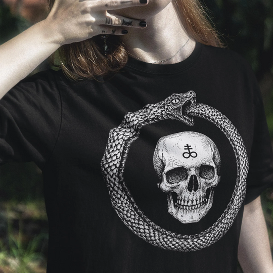 Woman wearing Ouroboros Skull T-Shirt