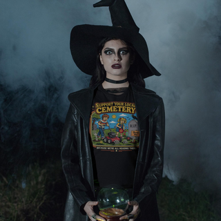Woman wearing Support Your Local Cemetery Retro T-Shirt