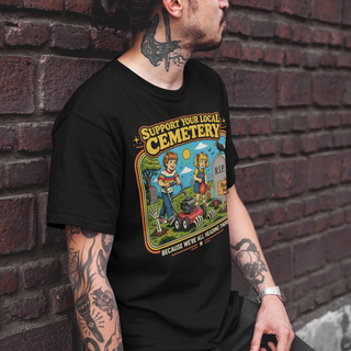 Tattooed man wearing Support Your Local Cemetery Retro T-Shirt