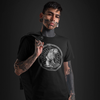 Tattooed man wearing Green Lion Devouring the Sun T-Shirt