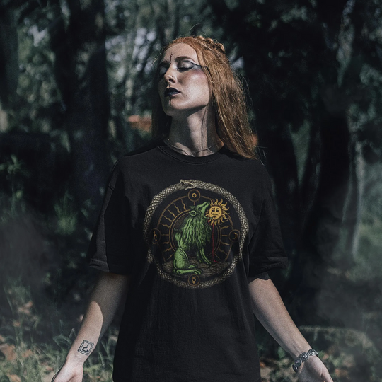 Woman wearing Green Lion Devouring the Sun T-Shirt