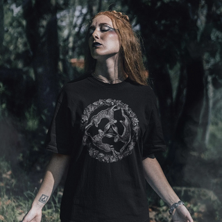 Woman in forest setting wearing black Three Hares T-Shirt