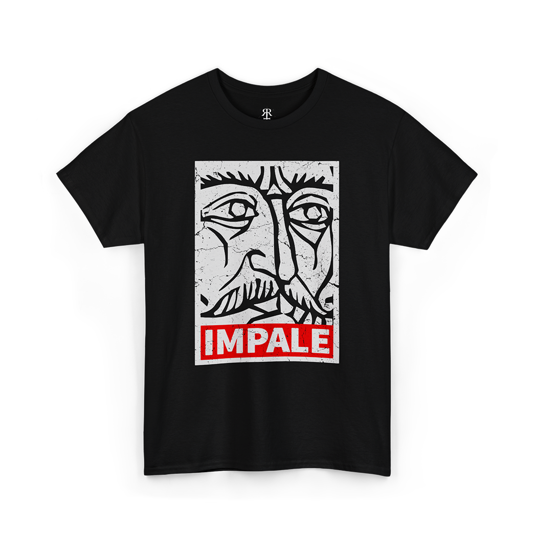 Vlad Tepes Impale T-shirt showing the word ‘Impale’ in bold red letters styled like the Supreme logo, with illustration of Vlad Tepes
