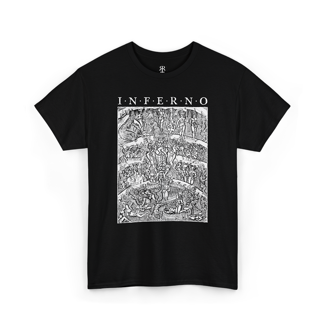A black T-shirt with a detailed print of 'Inferno' inspired by Dante's Inferno, depicting humanity’s journey through divine justice.