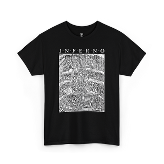 A black T-shirt with a detailed print of 'Inferno' inspired by Dante's Inferno, depicting humanity’s journey through divine justice.