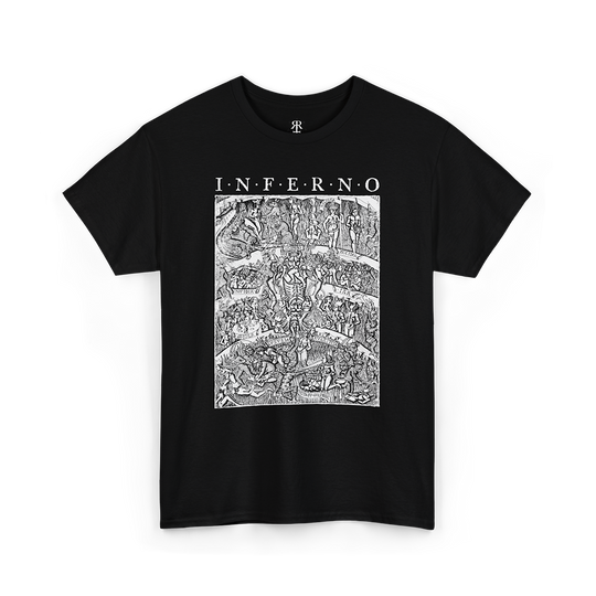 A black T-shirt with a detailed print of 'Inferno' inspired by Dante's Inferno, depicting humanity’s journey through divine justice.