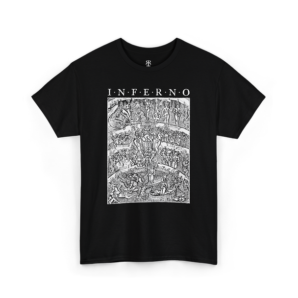 A black T-shirt with a detailed print of 'Inferno' inspired by Dante's Inferno, depicting humanity’s journey through divine justice.