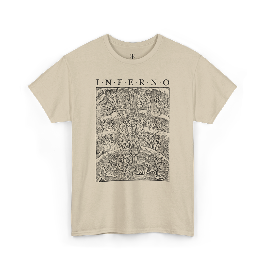 A beige T-shirt with a detailed print of 'Inferno' inspired by Dante's Inferno, depicting humanity’s journey through divine justice.