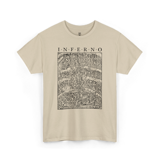 A beige T-shirt with a detailed print of 'Inferno' inspired by Dante's Inferno, depicting humanity’s journey through divine justice.