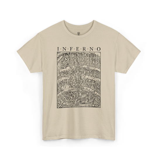 A beige T-shirt with a detailed print of 'Inferno' inspired by Dante's Inferno, depicting humanity’s journey through divine justice.