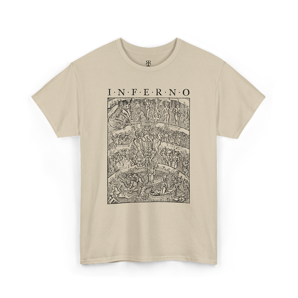 A beige T-shirt with a detailed print of 'Inferno' inspired by Dante's Inferno, depicting humanity’s journey through divine justice.