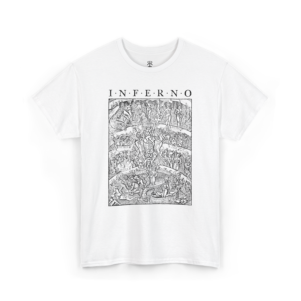 A white T-shirt with a detailed print of 'Inferno' inspired by Dante's Inferno, depicting humanity’s journey through divine justice.