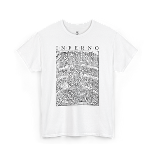 A white T-shirt with a detailed print of 'Inferno' inspired by Dante's Inferno, depicting humanity’s journey through divine justice.