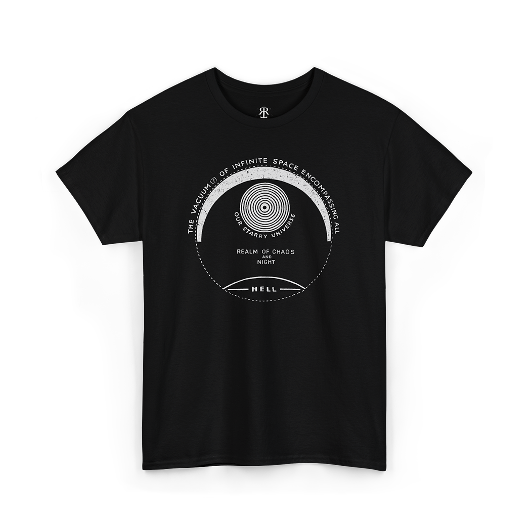 Black crew neck t-shirt with a graphic design featuring text and illustrations related to the themes of 'Paradise Lost' by Milton.