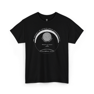 Black crew neck t-shirt with a graphic design featuring text and illustrations related to the themes of 'Paradise Lost' by Milton.