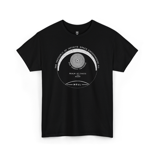 Black crew neck t-shirt with a graphic design featuring text and illustrations related to the themes of 'Paradise Lost' by Milton.