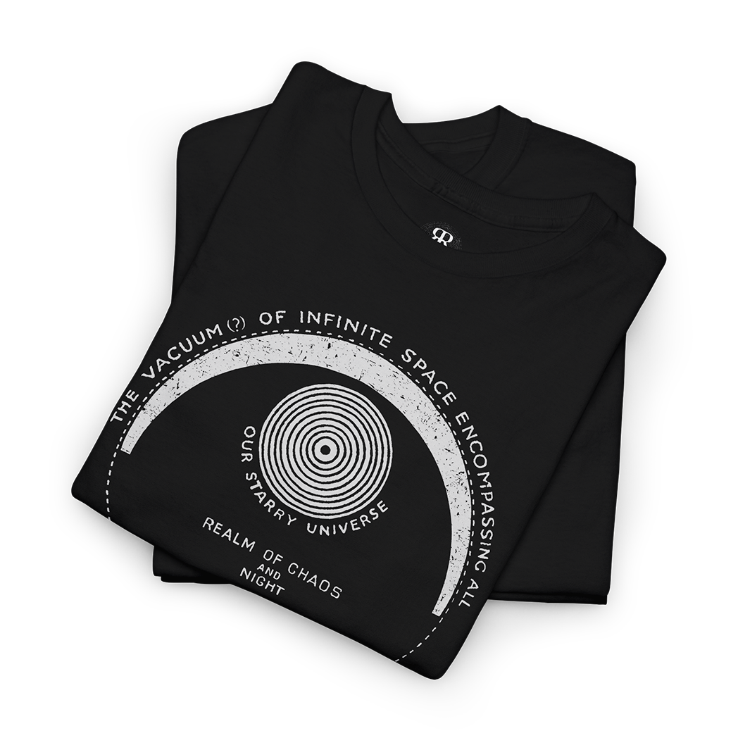 Black crew neck t-shirt with a graphic design featuring text and illustrations related to the themes of 'Paradise Lost' by Milton.