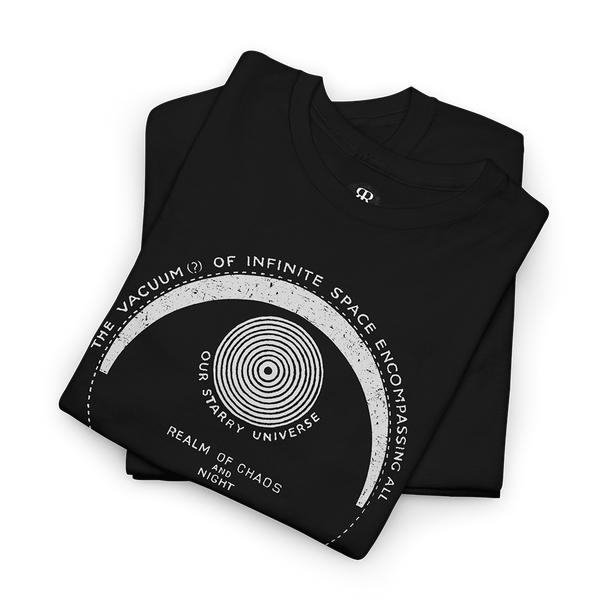 Black crew neck t-shirt with a graphic design featuring text and illustrations related to the themes of 'Paradise Lost' by Milton.
