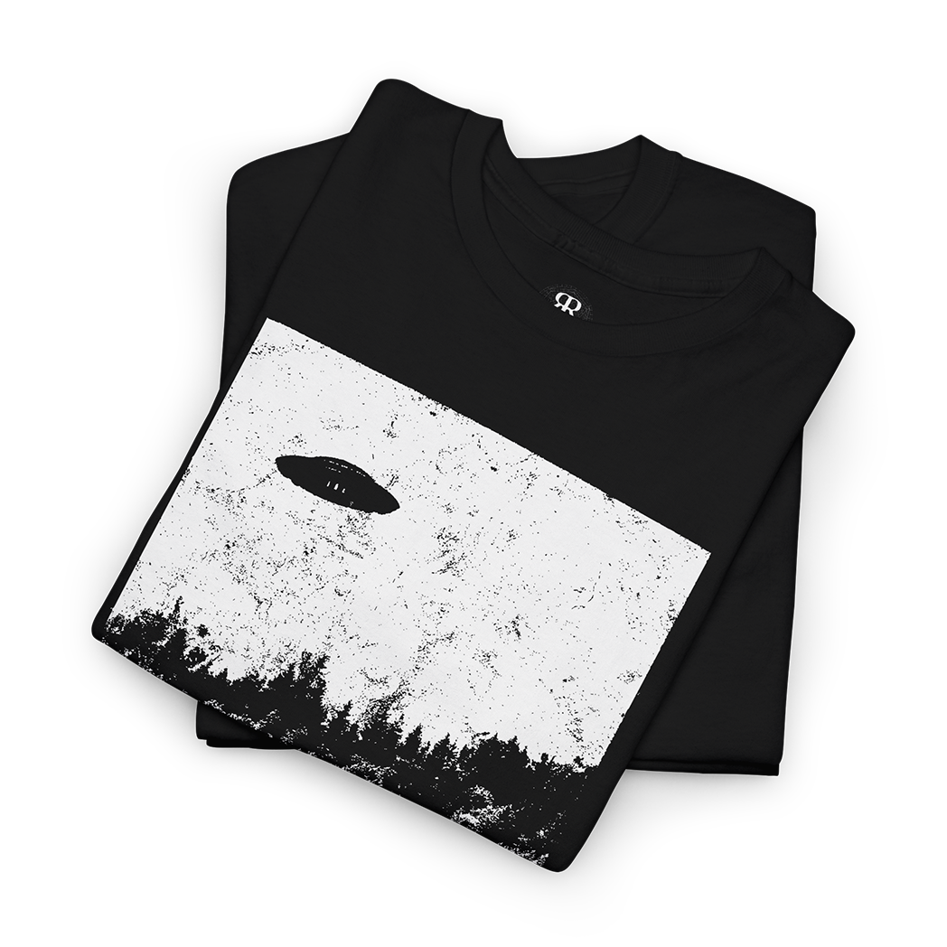 Black t-shirt with a white graphic of a UFO and the text 'I WANT TO LEAVE' on the front.