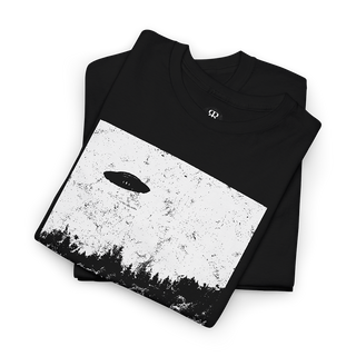 Black t-shirt with a white graphic of a UFO and the text 'I WANT TO LEAVE' on the front.