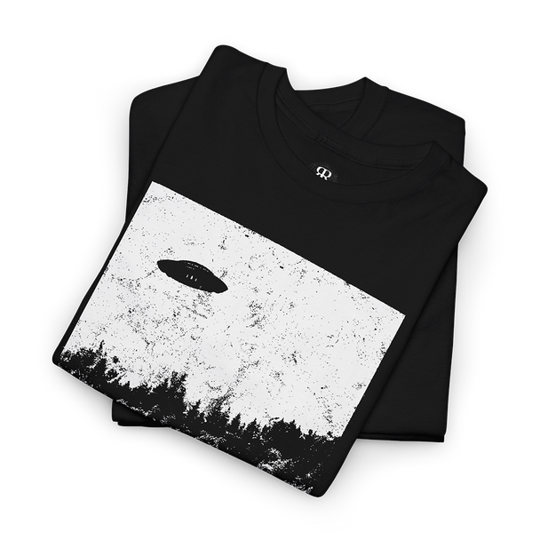 Black t-shirt with a white graphic of a UFO and the text 'I WANT TO LEAVE' on the front.