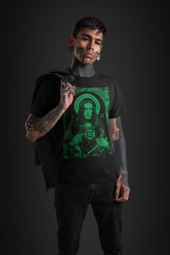 Tattooed man wearing Peter Steele Jesus Christ Looks Like Me T-Shirt
