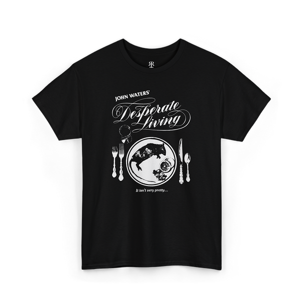 Black t-shirt showing dead mouse on a plate related to the movie 'Desperate Living' by John Waters.