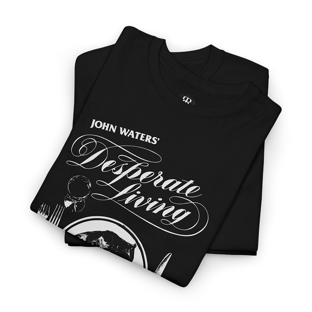 Black t-shirt showing dead mouse on a plate related to the movie 'Desperate Living' by John Waters.