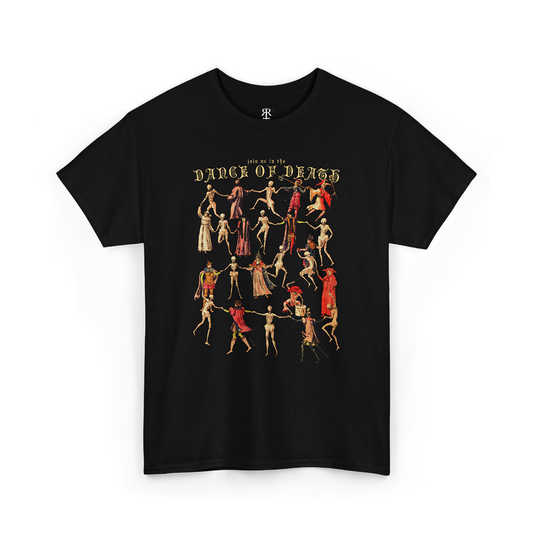 A black t-shirt with a printed design featuring a dance of death motif, with figures in medieval attire dancing in a line.