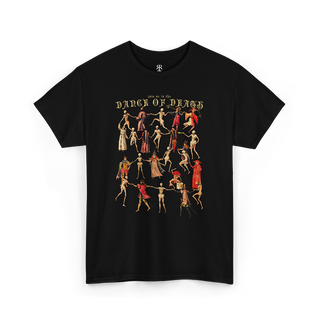 A black t-shirt with a printed design featuring a dance of death motif, with figures in medieval attire dancing in a line.