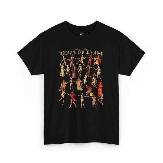 A black t-shirt with a printed design featuring a dance of death motif, with figures in medieval attire dancing in a line.