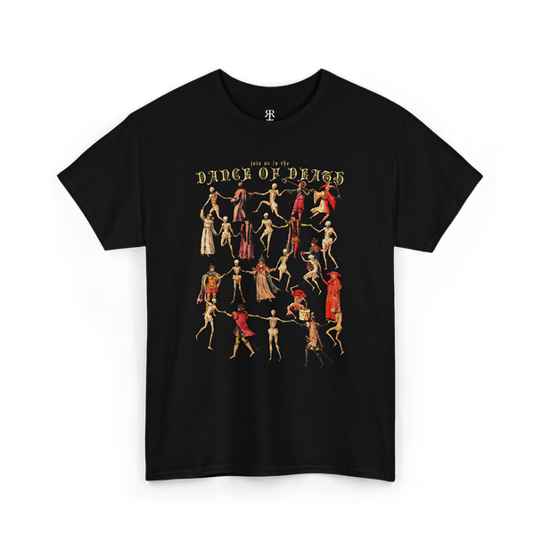 A black t-shirt with a printed design featuring a dance of death motif, with figures in medieval attire dancing in a line.