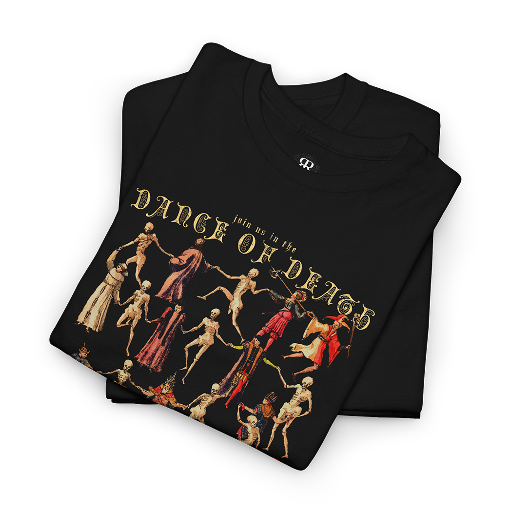 A black t-shirt with a printed design featuring a dance of death motif, with figures in medieval attire dancing in a line.