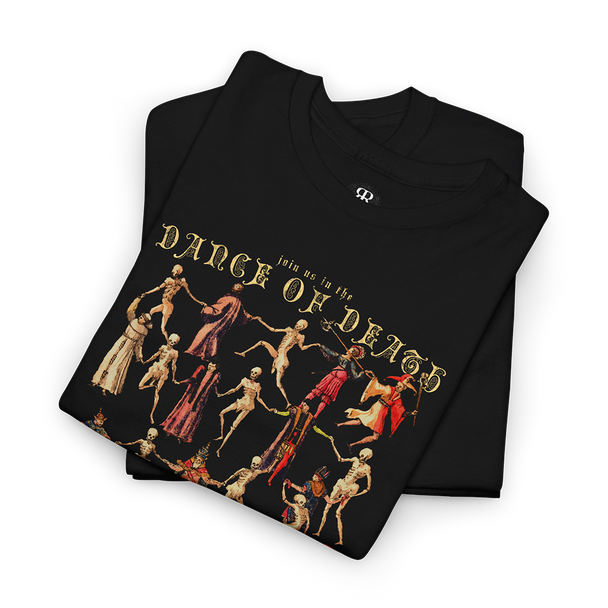 A black t-shirt with a printed design featuring a dance of death motif, with figures in medieval attire dancing in a line.