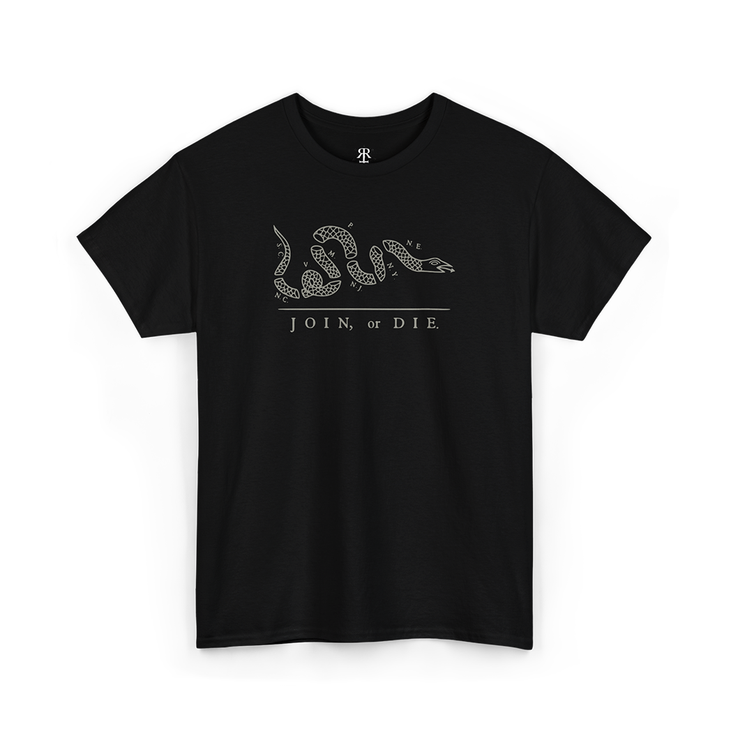 A black T-shirt with a white graphic of a snake and the phrase 'JOIN OR DIE' printed on the front.