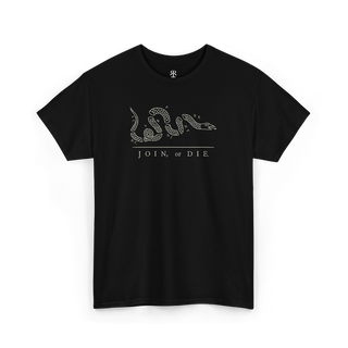 A black T-shirt with a white graphic of a snake and the phrase 'JOIN OR DIE' printed on the front.