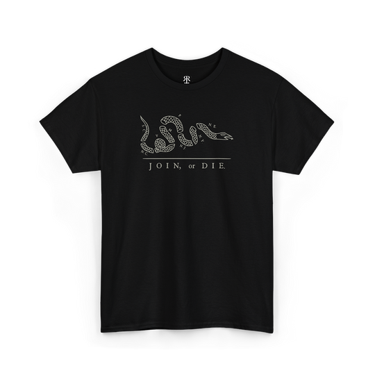 A black T-shirt with a white graphic of a snake and the phrase 'JOIN OR DIE' printed on the front.