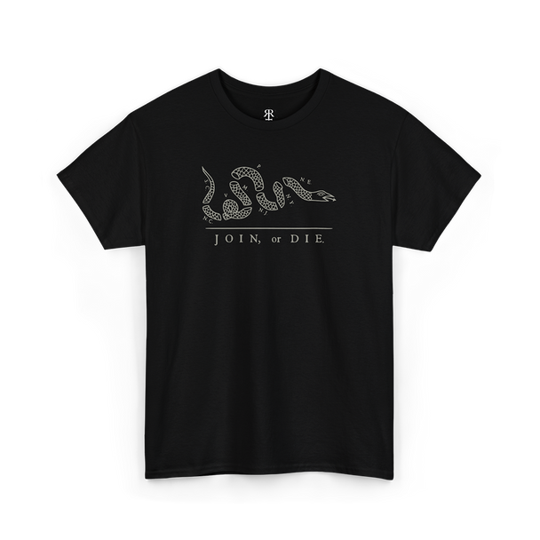 A black T-shirt with a white graphic of a snake and the phrase 'JOIN OR DIE' printed on the front.