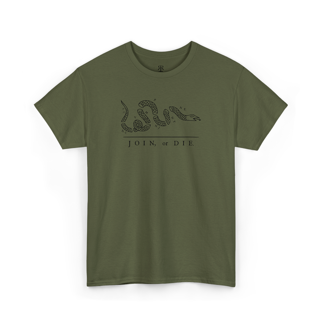 A olive green T-shirt with a white graphic of a snake and the phrase 'JOIN OR DIE' printed on the front.